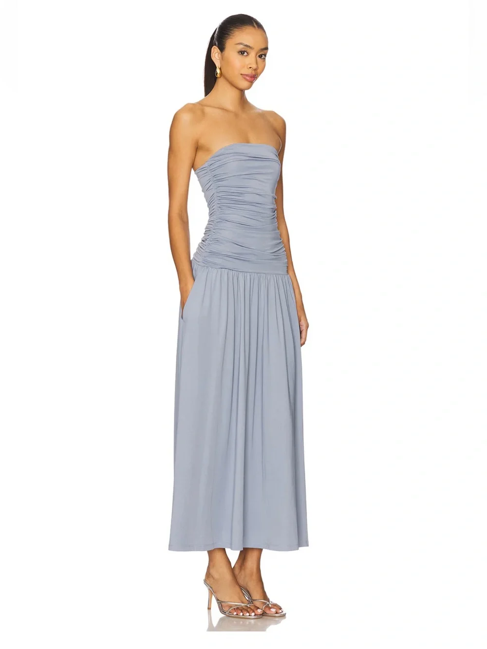 NIA Santal Strapless Ruched Midi Dress in State Blue - Picture 2 of 12
